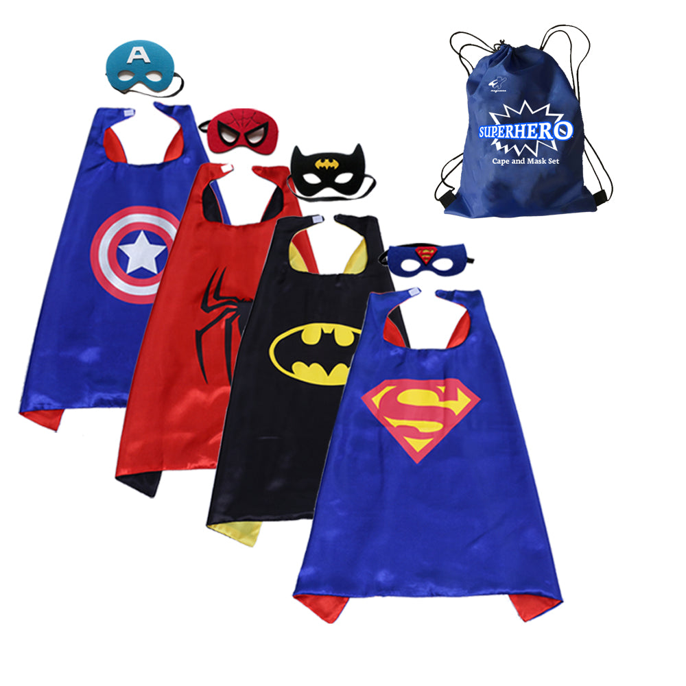 Party Superheros Cape and Mask for Kids, Double-Sides Satin Capes Dress up Costumes, 4 Sets