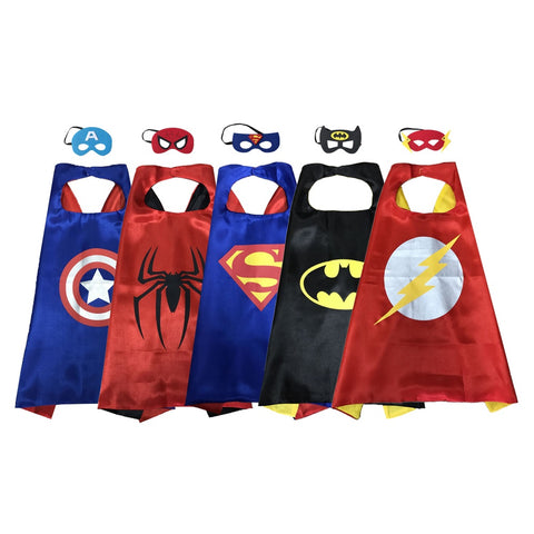Party Superheros Cape and Mask for Kids, Reversible Satin Capes Dress up Costumes, 5 Sets